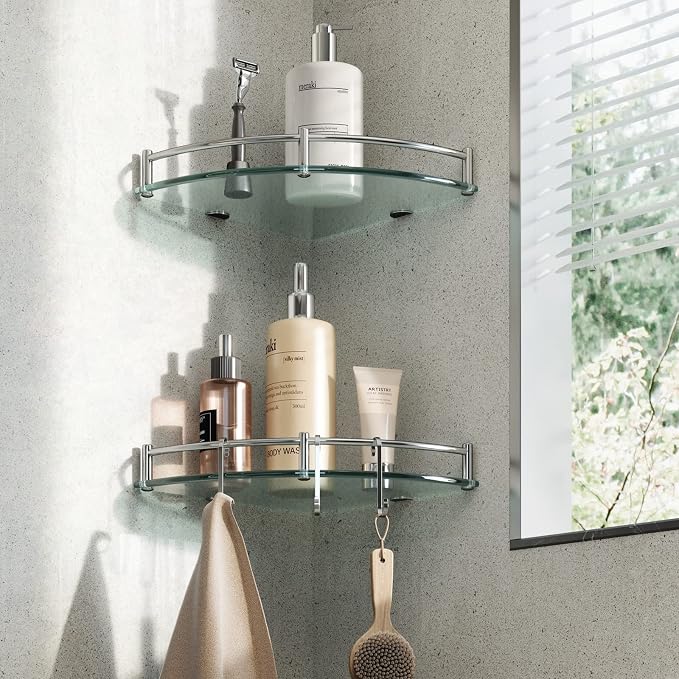 HouseMila Glass Shower Shelves, 2 Tier Tempered Glass Corner Shelf Shower - Image 2