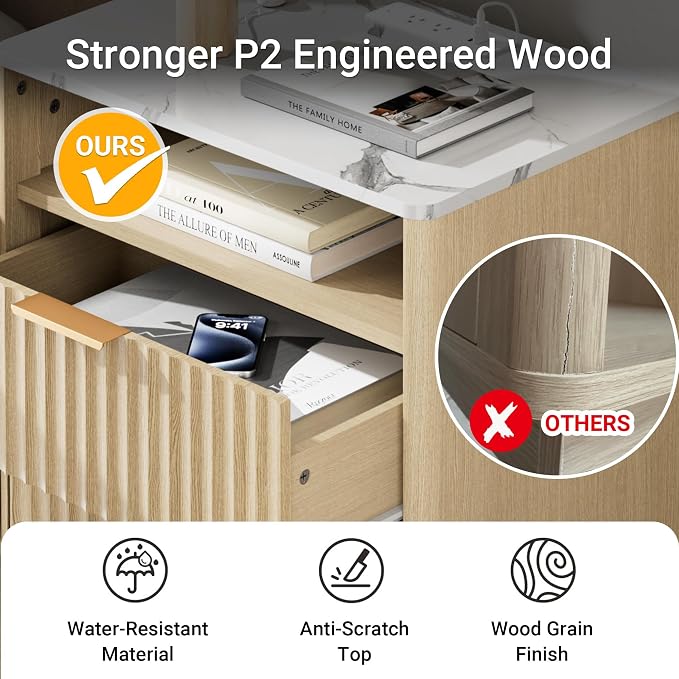 Fluted Night Stand Set 2 with Charging Station, 2 Drawers End Table with Storage - Image 4