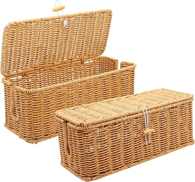 2PCS Cable Management Box, Handmade Rattan Cable Organizer, Open Slots Cords by KANYO-AUTO
