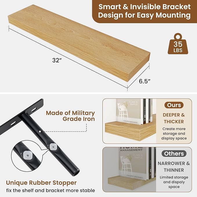 fuqing Floating Shelves for Wall, Wall Mounted Wood Floating Shelf - Image 3