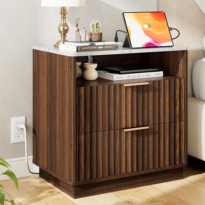 Large Fluted Night Stand with Charging Station, 2 Drawers Nightstand with by FavourLife