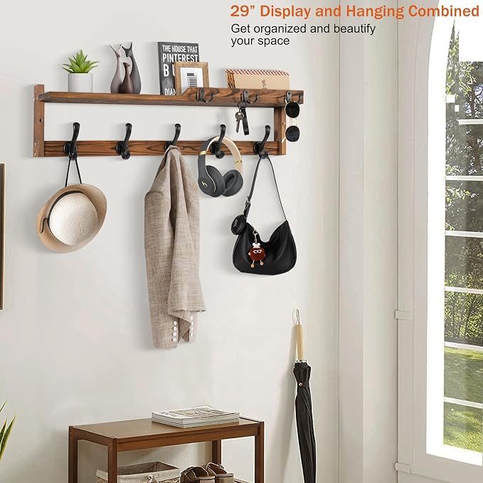 29'' Coat Rack Wall Mount with Shelf, Coat Hanger Wall Mount with Key Hooks and - Image 5