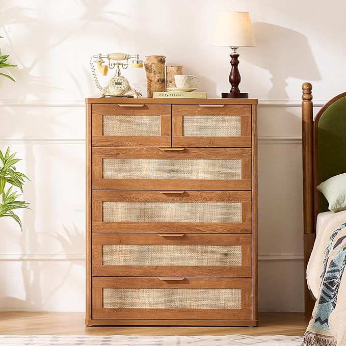 LEYAOYAO Rattan Dresser for Bedroom Set of 2, Modern 6 Drawers Boho Dressers - Image 6