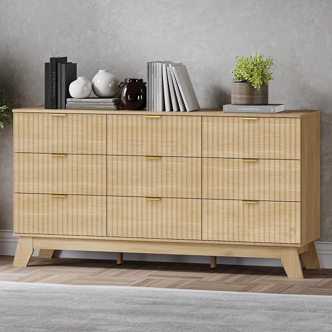 Fluted 9 Drawer Dresser, 57.1" Wide Modern Boho Chest of Drawers, Wooden by BORNOON