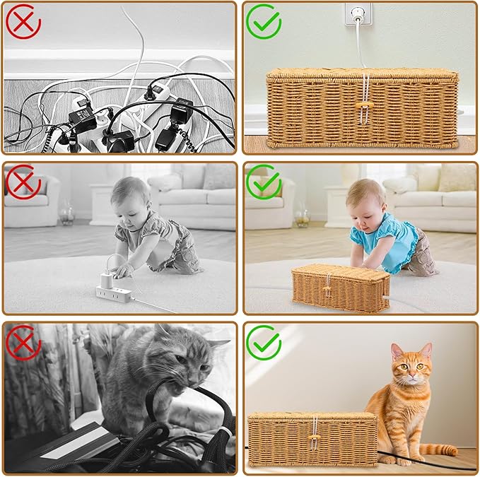 2PCS Cable Management Box, Handmade Rattan Cable Organizer, Open Slots Cords - Image 7