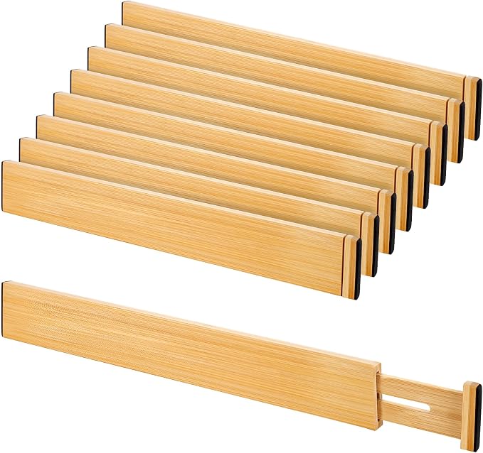 Bamboo Drawer Divider Set of 8, Adjustable Spring-Loaded Drawer Organizer by NCUE