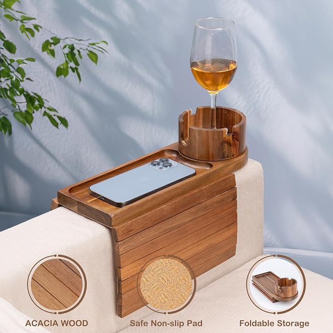 Couch Cup Holder for Thin Armrest Wider Than 4.9'', Acacia Wood Couch Arm Tray - Image 5