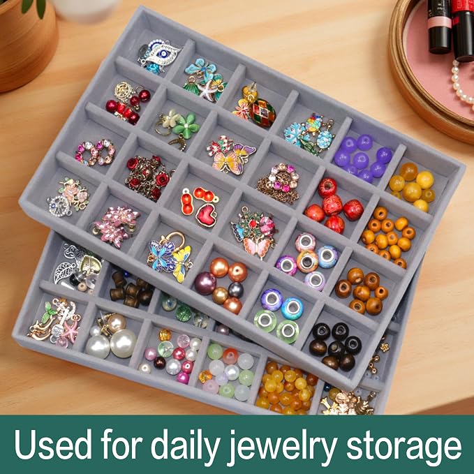 Stackable Jewelry Organizer Tray 24-Grid Velvet Jewelry Drawer Inserts Earring - Image 4