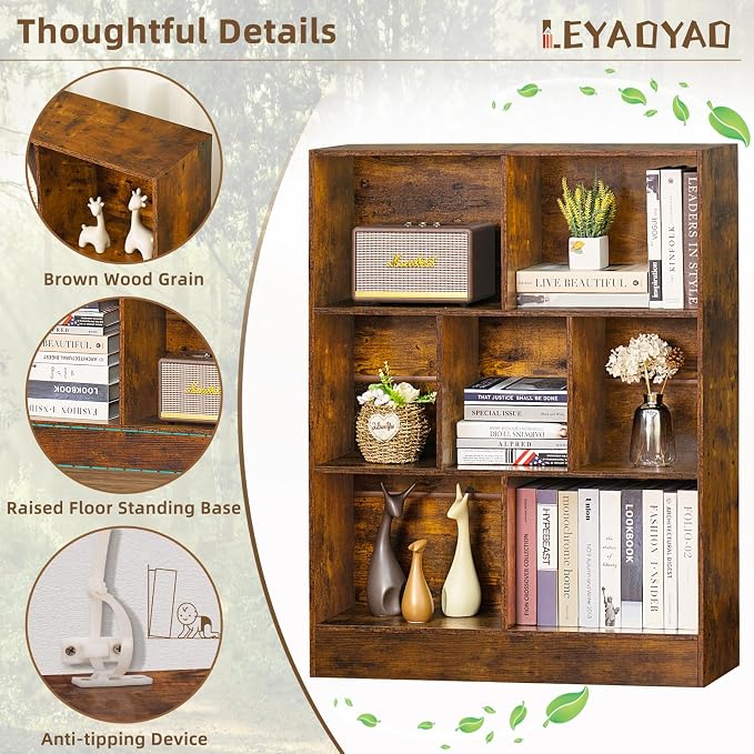 LEYAOYAO 7 Cube Bookshelf with Base, 3 Tier Mid-Century Modern Brown Bookcase - Image 7