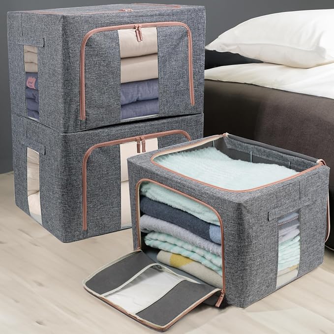 Linen Clothes Storage Bins, 2 Opening Ways Fabric Visible Lidded Storage Box - Image 5