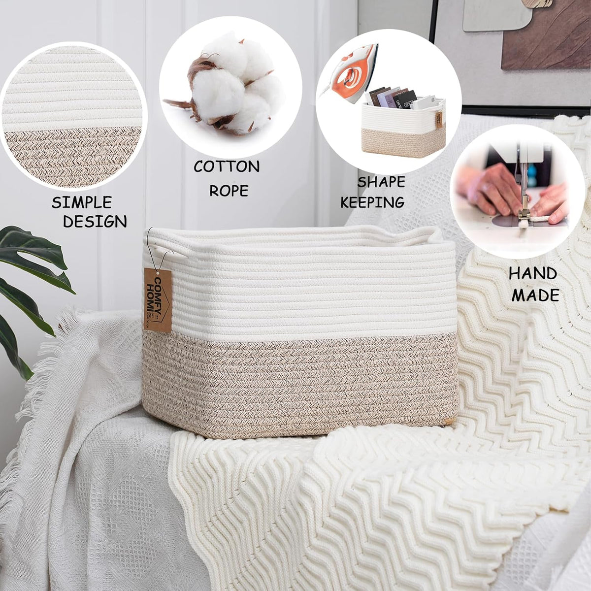 Cotton Rope Woven Basket with Handles for Shelves,Toys,Book, Cloth