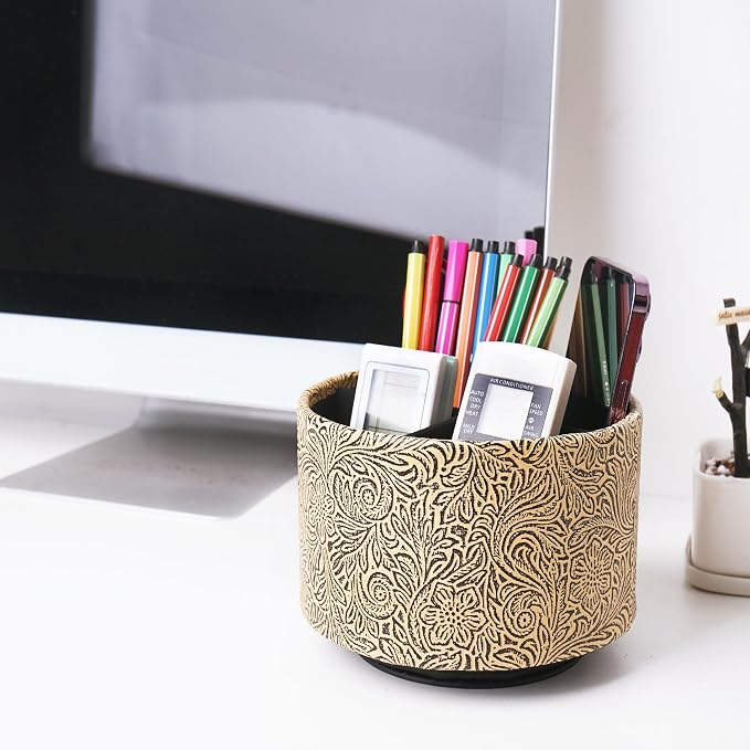 lizimandu Round Leather Art Supply Organizer, Remote Control Holder, 360 Degree - Image 7