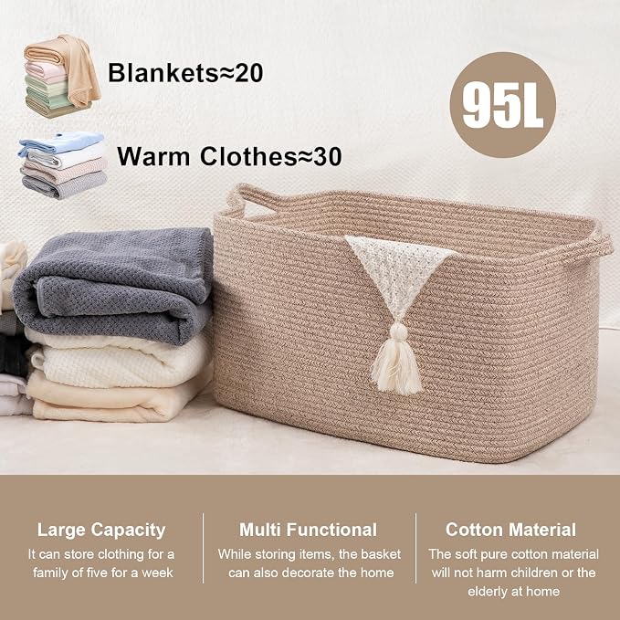 95L Large Storage Basket, Cotton Rope Woven Blanket Basket, Toy Storage - Image 3