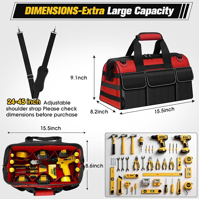16-Inch Heavy Duty Tool Bag, 19-Pockets Tool Box Organizer, Portable Toolbag - Image 3