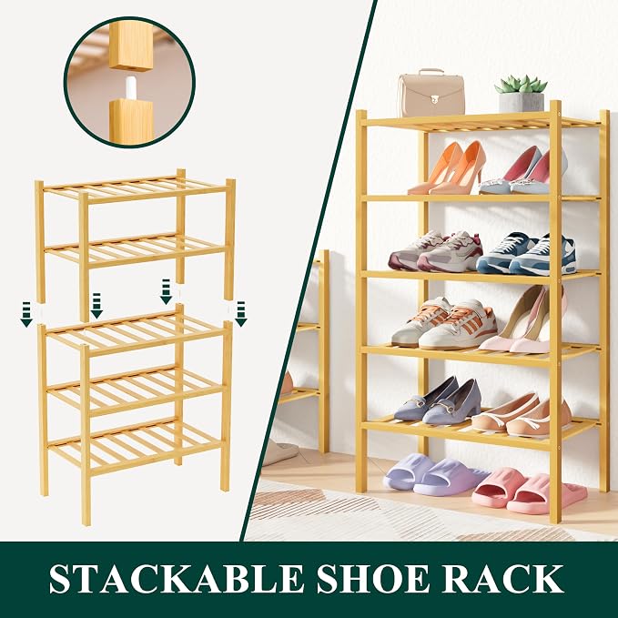Smiry Bamboo Shoe Rack for Closet, 4 Tier Small Wooden Stackable Shoe Organizer - Image 4