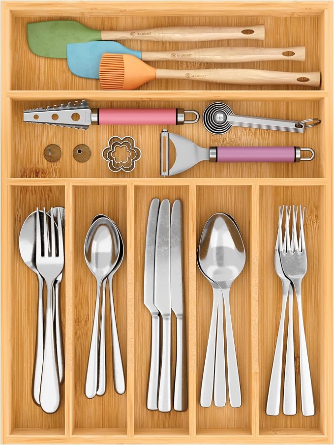 BAMEOS Bamboo Silverware Drawer Organizers, 11.9 inch Utensil Drawer Organizer - Image 9