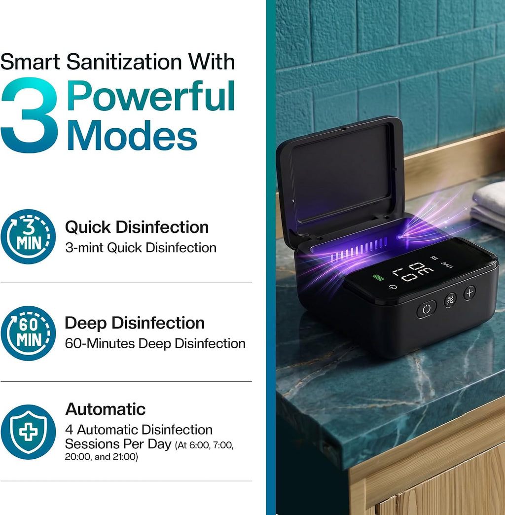 Jetfresh UV Toothbrush Sanitizer Holder & Cleaner with LED Clock
