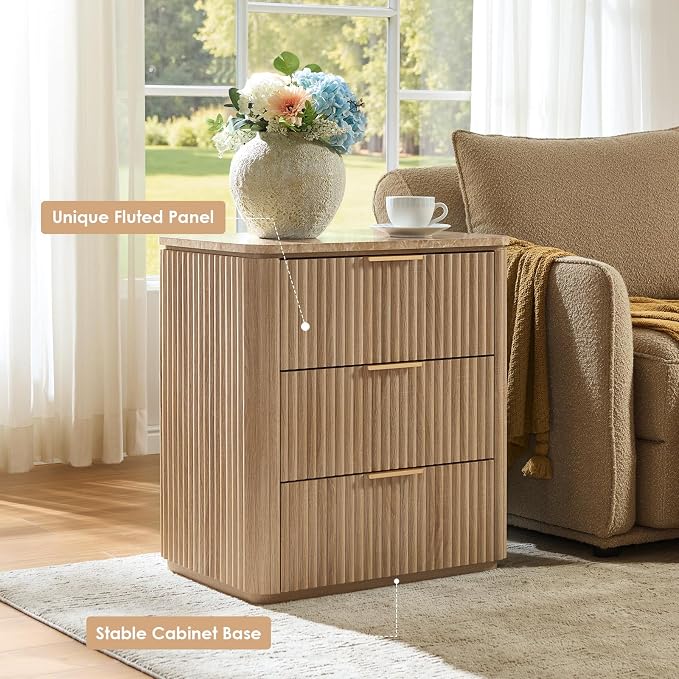 Fluted Nightstand with 3 Drawers, Engineered Wood Bedside Table with Faux - Image 3