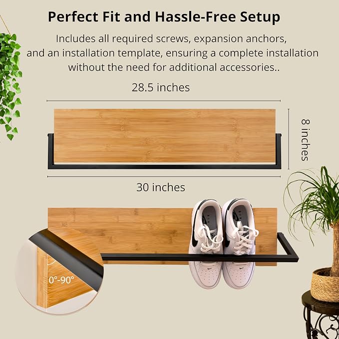 Wall Mounted Shoe Rack Scandinavian Bamboo & Metal Shoe Storage, Space-Saving - Image 3