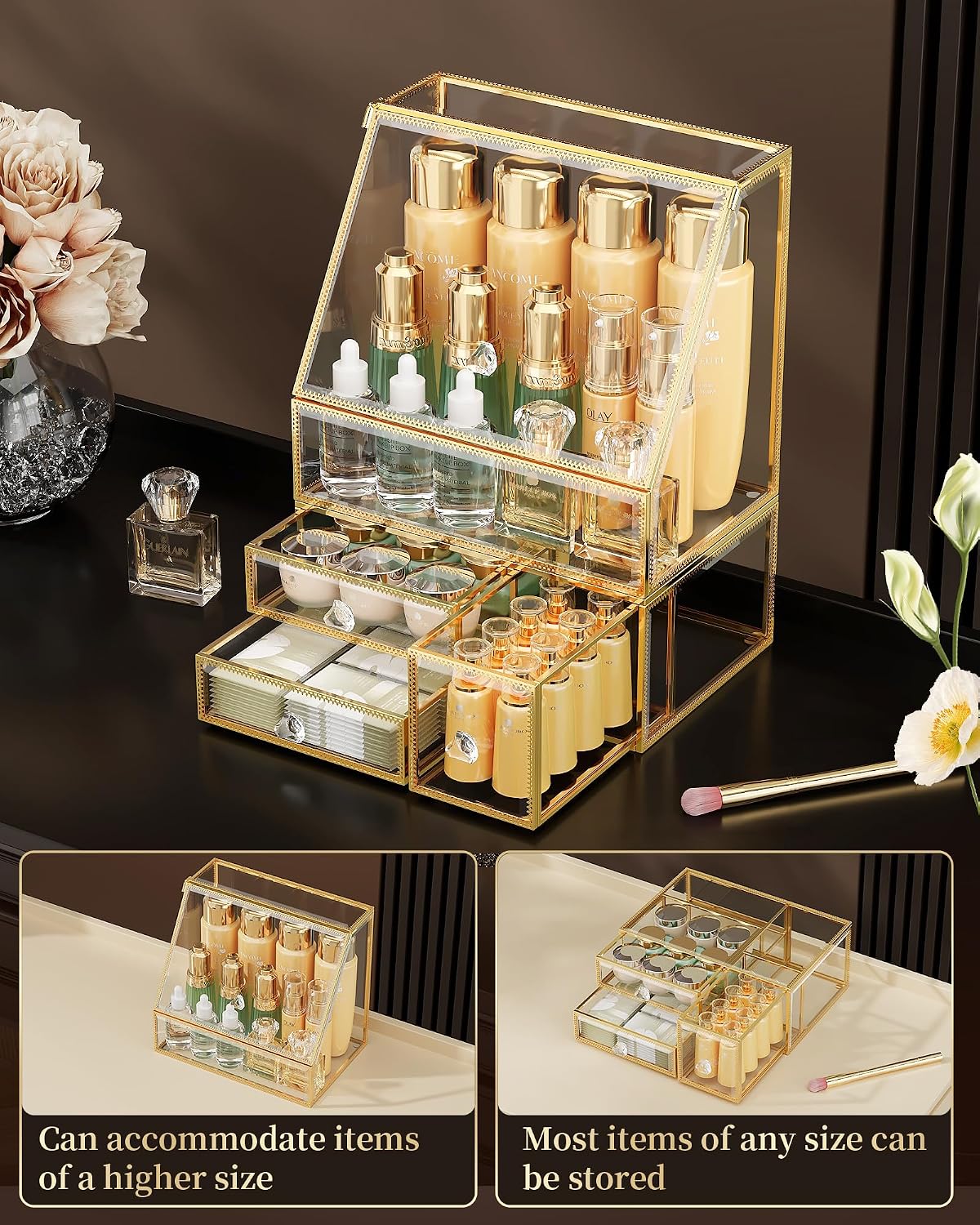 Glass Makeup Organizer with Lid and Drawer for Vanity, Clear