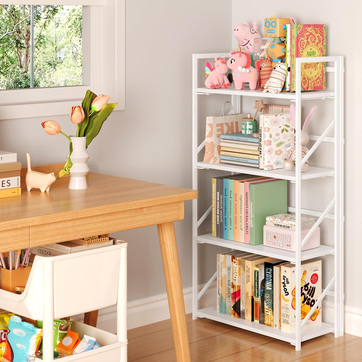 JSB No Assembly Folding Bookshelf, 4 Tier Industrial Metal Book Shelf