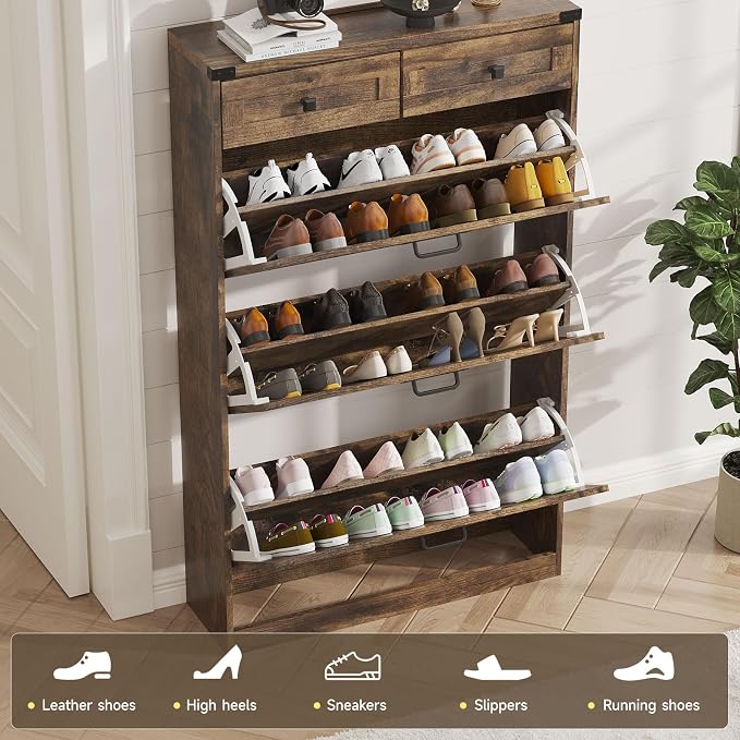 Shoe Cabinet with 3 Flip Drawers & 2 Drawers, Freestanding Shoe Storage Cabinet - Image 4