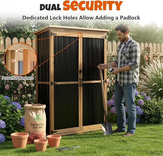 Outdoor Storage Cabinet with Shelves, Wood & Metal Storage Shed with - Image 4