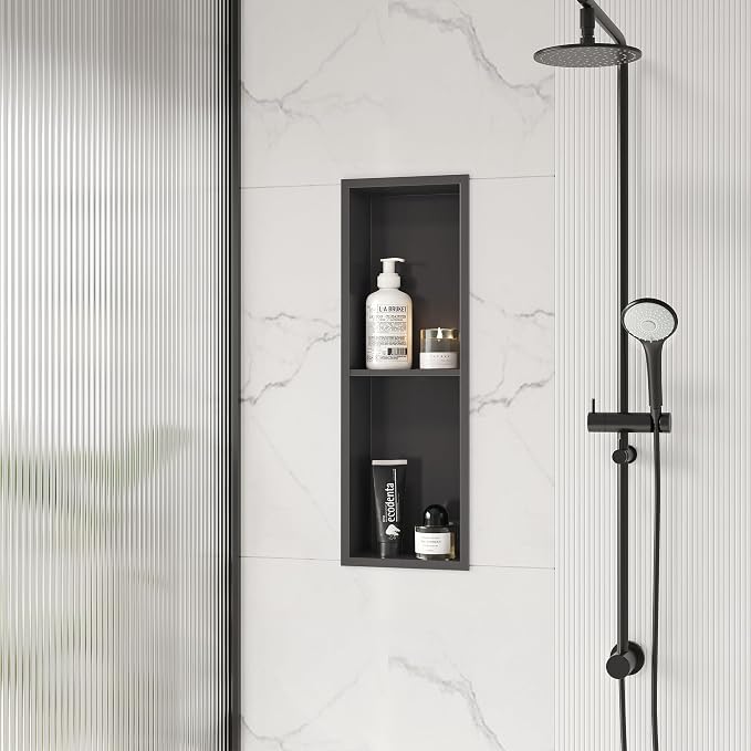 Stainless Steel Shower Niche 24" X 8", No Tile Needed Wall Niche Double Shelves by Qeke