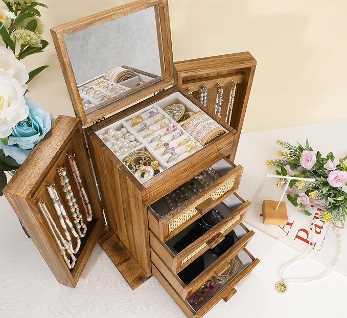 Jewelry Organizer, Rattan Jewelry Box, 5 Layer Wooden Jewelry Organizer Box - Image 3