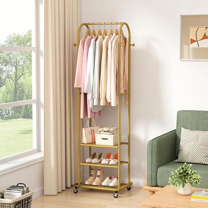 Heavy Duty Clothing Rack with Wheels, Modern Garment Rack with 3 Metal Shelves - Image 4