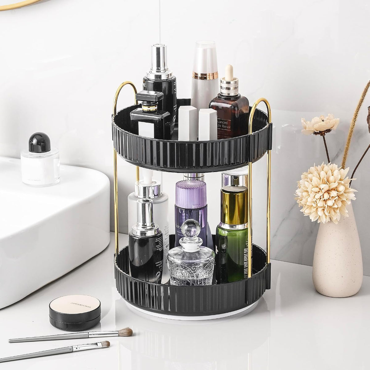 Aveniee Rotating Makeup Organizer, 2-Tier Black Vanity Storage