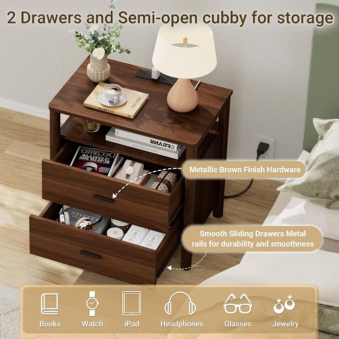Night Stand Set of 2 with Charging Station, 2 Drawers End Table with Open Shelf - Image 5