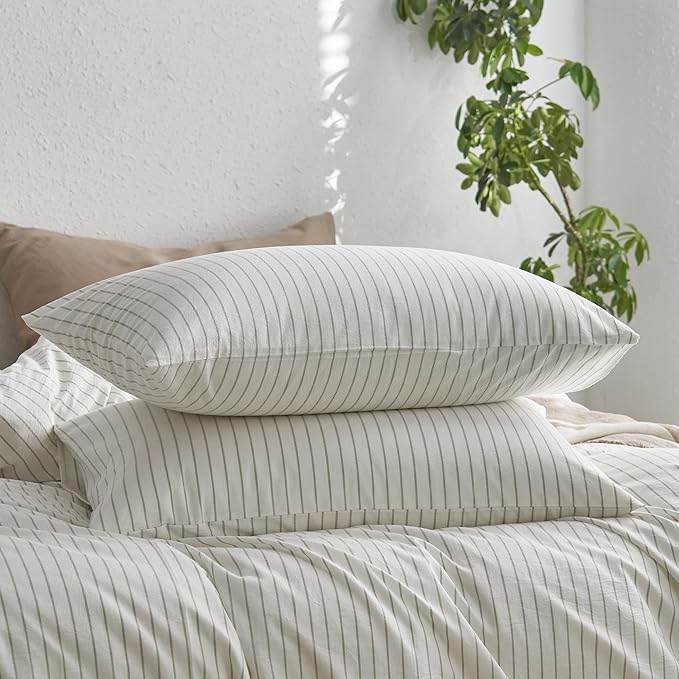 MooMee Bedding Pillowcases Striped Pack of 2 100% Washed Cotton Linen Like by MOOMEE
