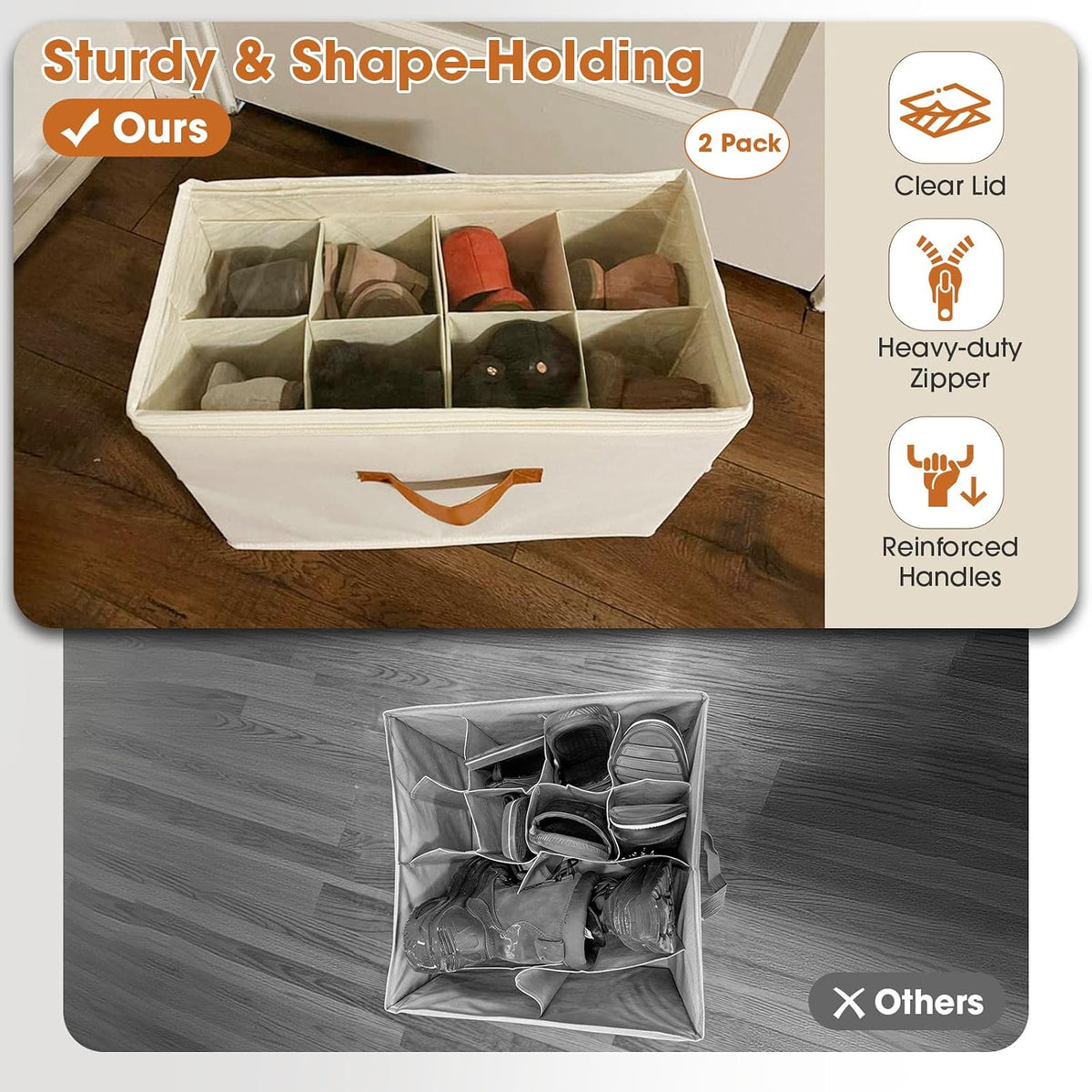 Shoe Organizer for Closet, 2-Pack Foldable Shoe Storage Box with