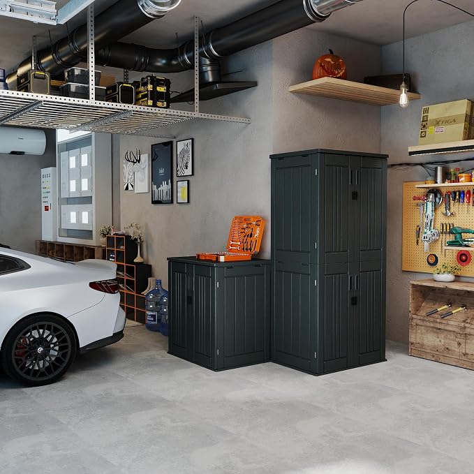 Outdoor Storage Cabinet with 2 Shelves, Waterproof Resin Horizontal Tool Shed - Image 5