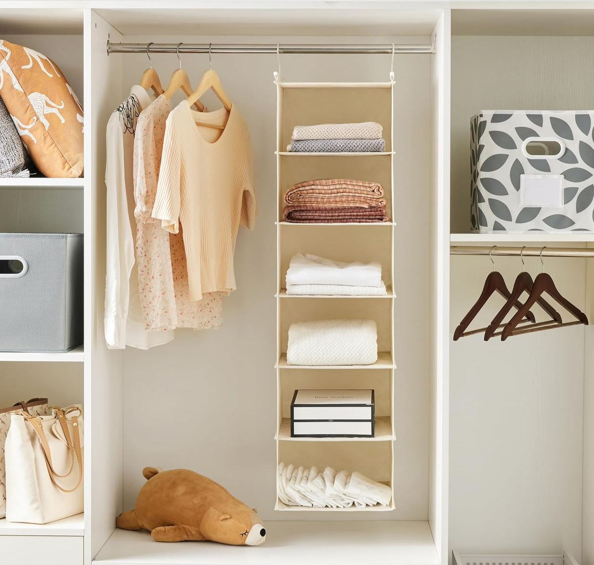 2 Pack 6 Tier Foldable Hanging Closet Organizer, Beige