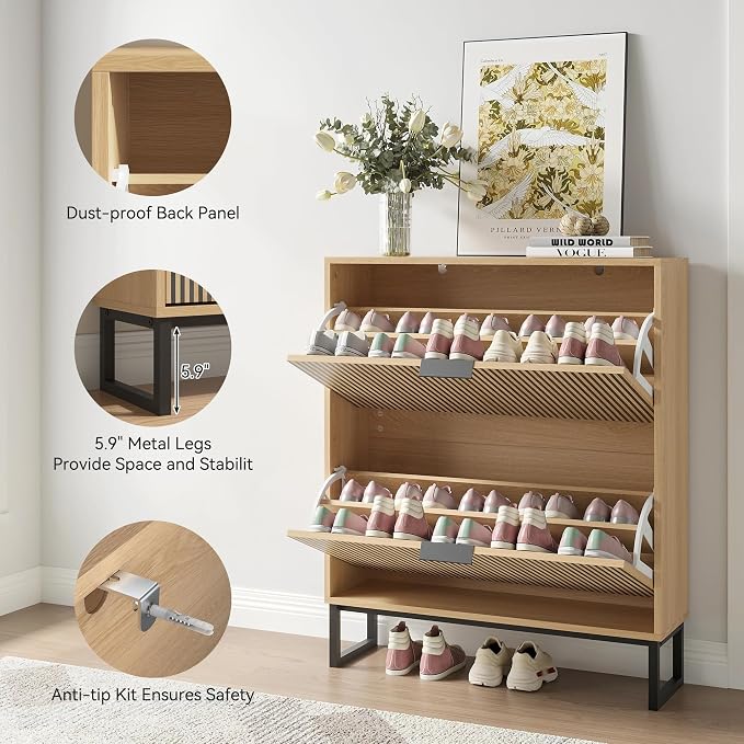 Shoe Cabinet with 2 Flip Drawers Set of 2, Narrow Wood Shoe Cabinet Storage - Image 5
