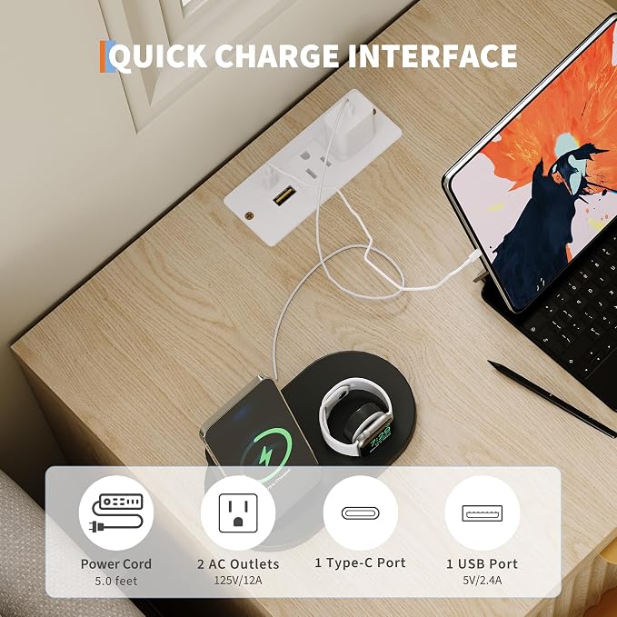 Fluted Nightstand with Charging Station, Bedside Table with 3 Drawers Storage - Image 3