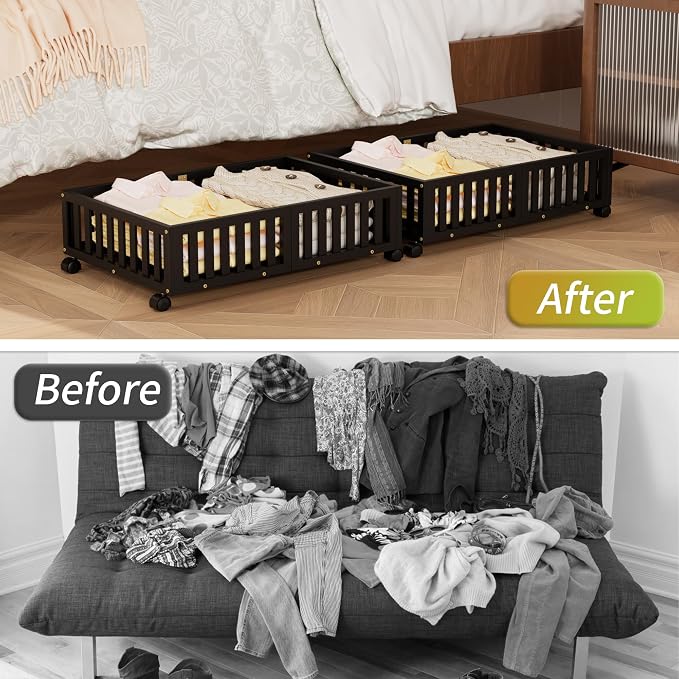 Bamboo Under Bed Storage with Wheels, Rolling Underbed Shoe Organizer Box - Image 6