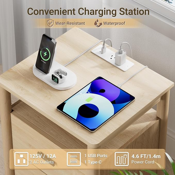 Night Stand Set of 2 with Charging Station, 2 Drawers End Table with Open Shelf - Image 4