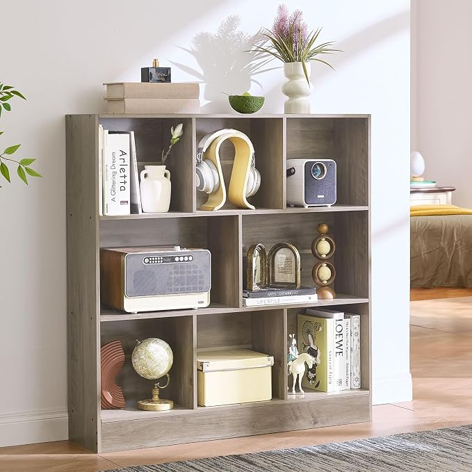 LEYAOYAO 8 Cube Bookshelf with Base, 3 Tier Mid-Century Modern Grey Bookcase - Image 6