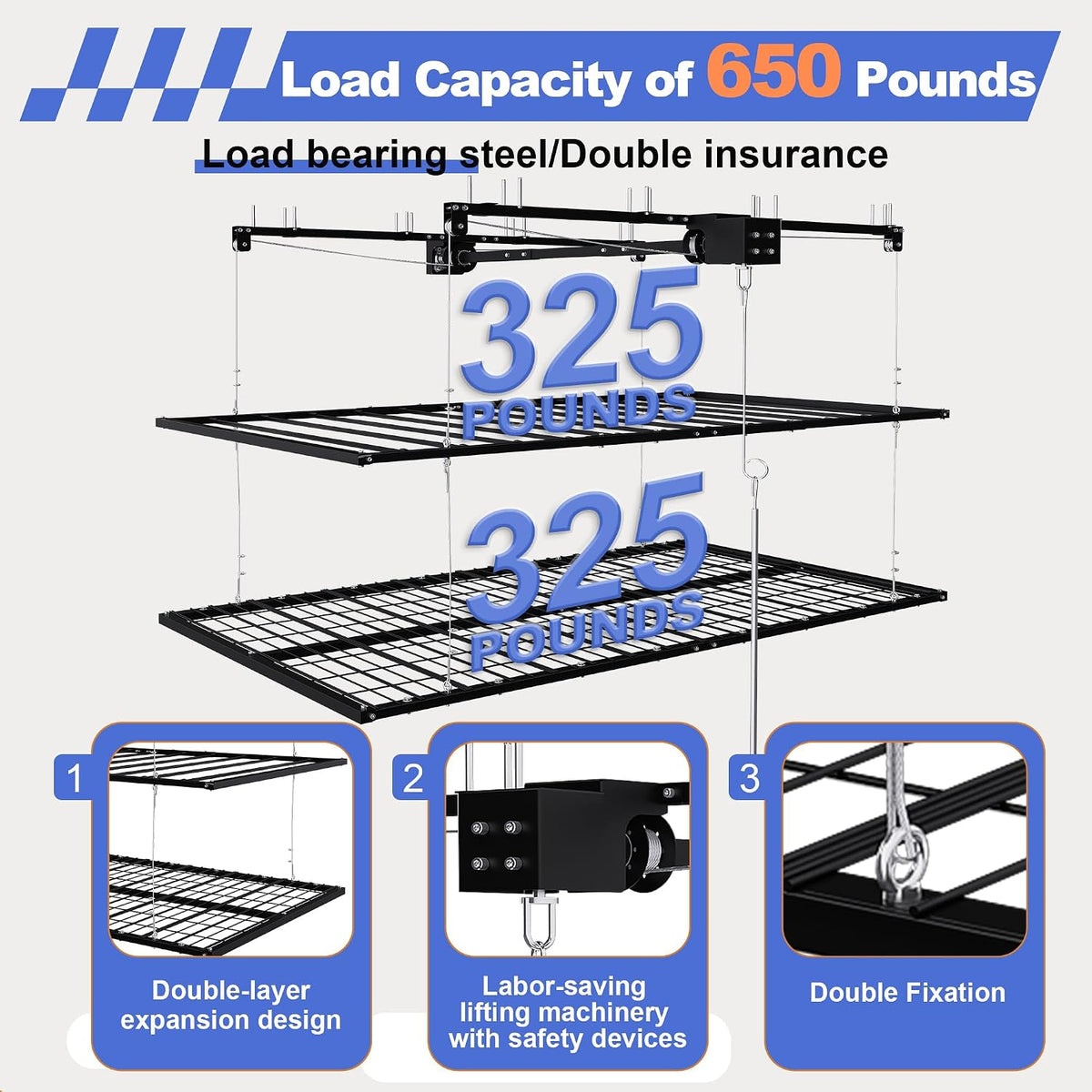 4x8FT Double-Layer Overhead Garage Storage Rack for High Ceilings