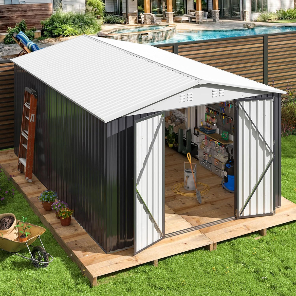 10x14 FT Metal Garden Storage Shed with Updated Frame Structure