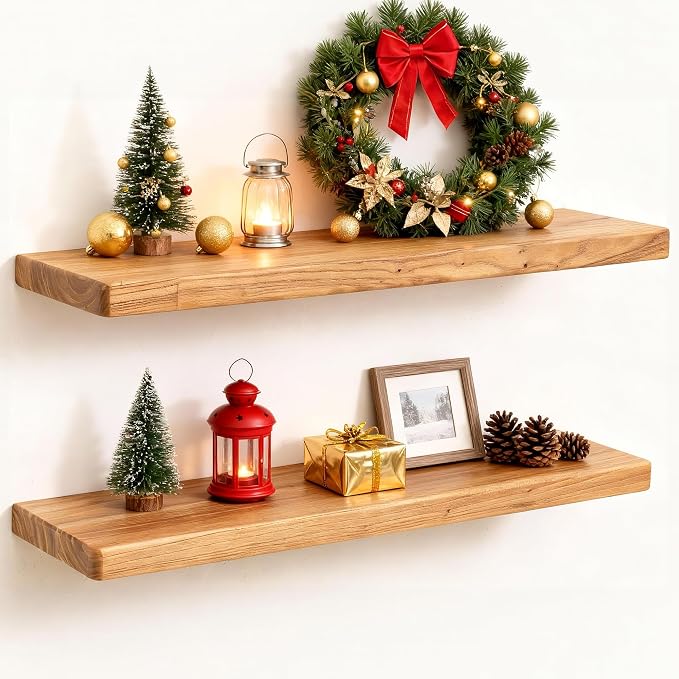 Fun Memories 24 Inch Floating Shelves, Solid Elm Wood Wall Shelf by FunMemories