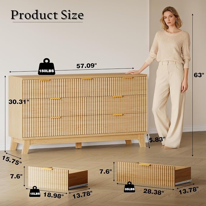 57" Long Dresser for Bedroom, 7-Drawer Fluted Chest, Wide Wood Storage Dresser - Image 2