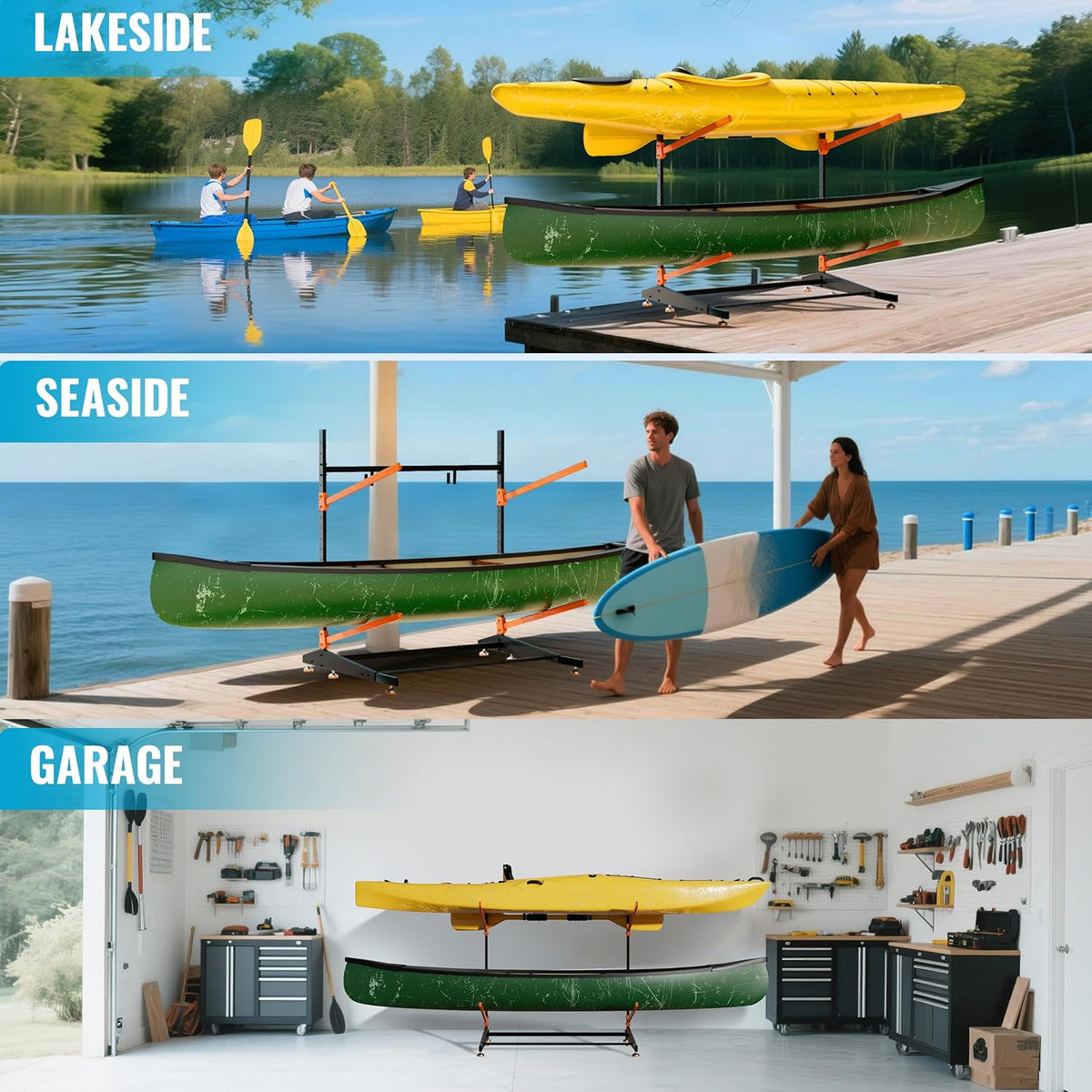 Double Kayak Storage Rack, Adjustable Paddleboard Holder (Orange)
