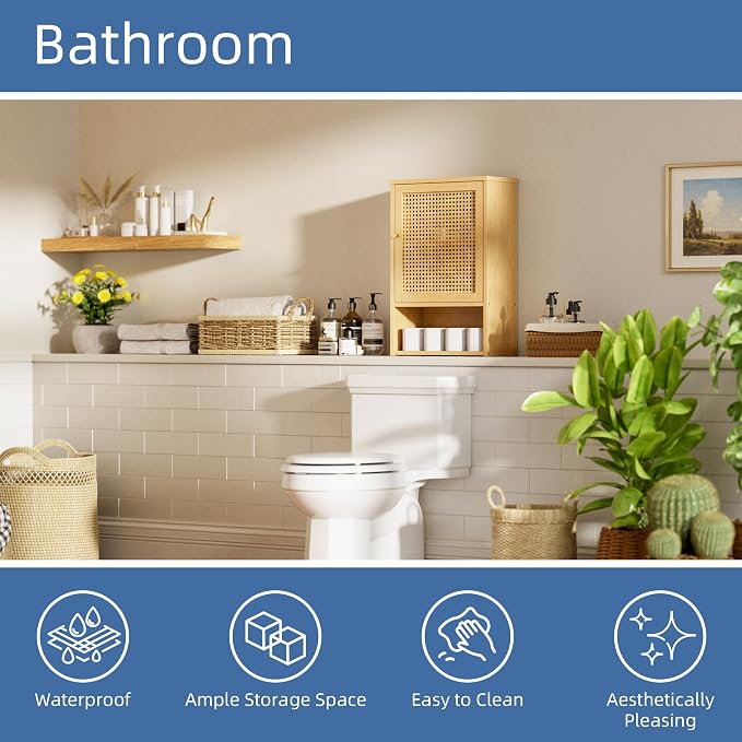 HITNET Bathroom Wall Cabinet, Rattan Medicine Cabinet, Bamboo Hanging Storage - Image 4