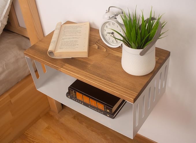 Floating Nightstand with White Metal Base, Wooden Top and Sturdy Metal Base - Image 5