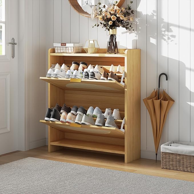 Rattan Shoe Cabinet with 2 Flip Drawers, Natural Wood Shoe Storage Cabinet - Image 3