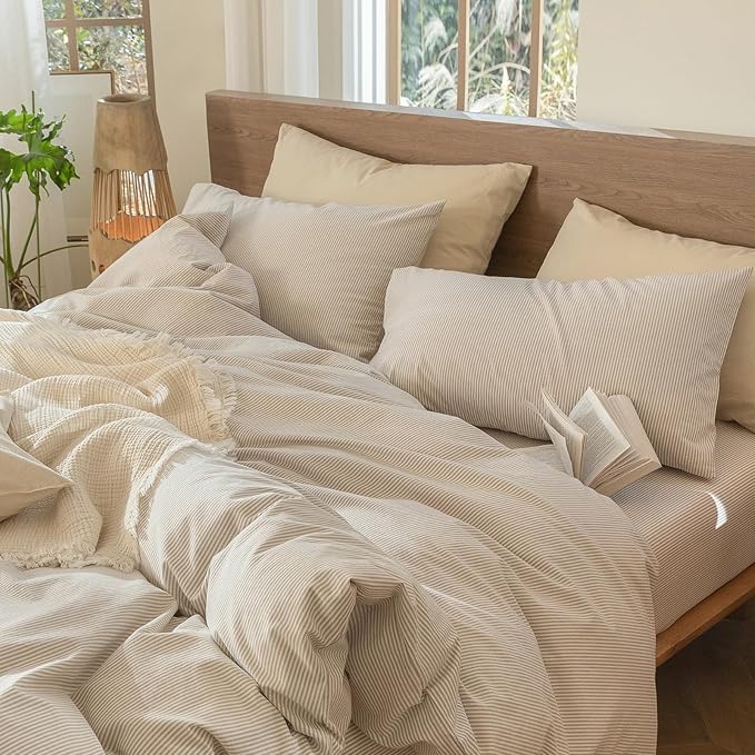 MooMee Bedding Pillowcases Striped Pack of 2 100% Washed Cotton Linen Like - Image 2